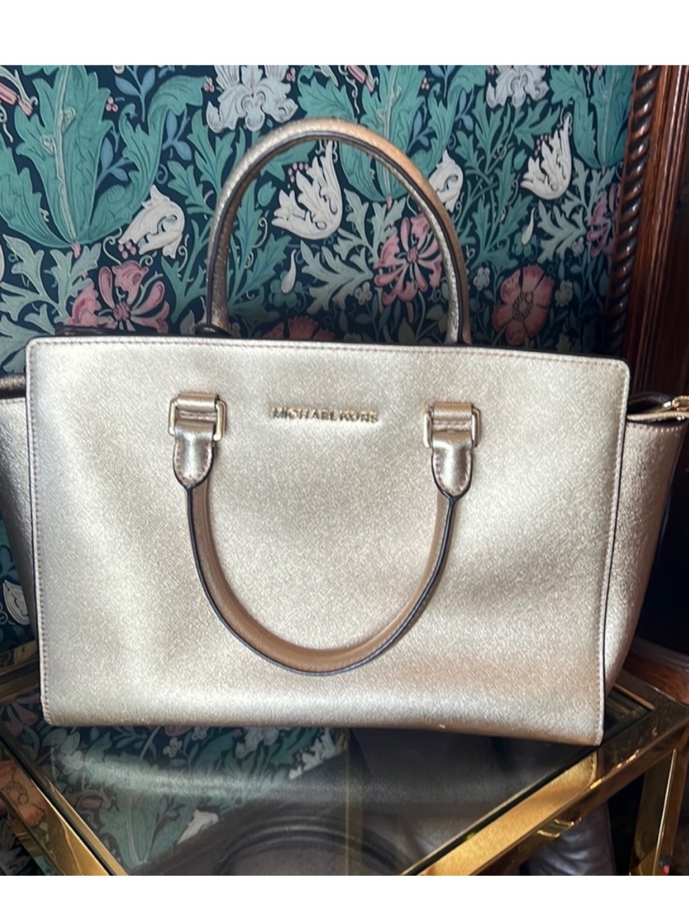 Michael Kors Metallic Gold Leather Classic Selma Satchel Bag With Long Strap